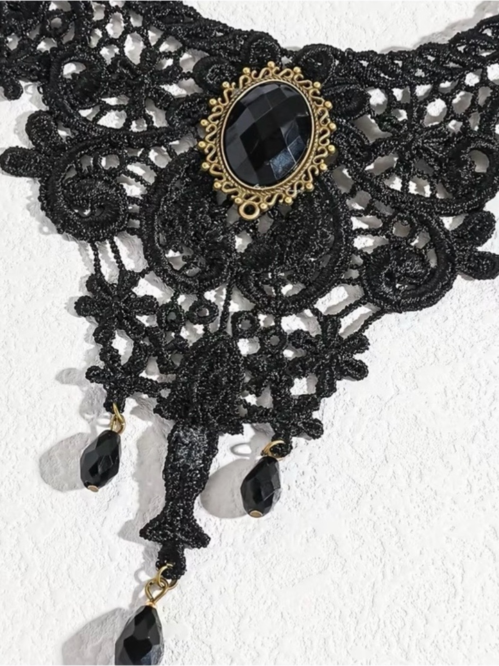 Victorian Black Lace Choker Necklace with Jet Glass Pendant